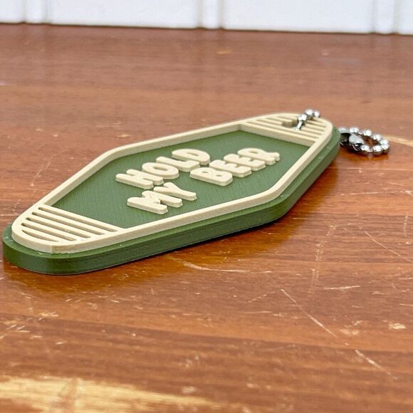 Retro Motel Keychain, Hold My Beer, Ballchain Keychain, Green and Tan - Picture 5 of 5